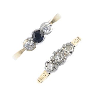 Two diamond and gem-set rings. To include a mid 20th century 18ct gold graduated diamond three-stone
