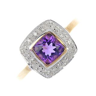 A 9ct gold amethyst and diamond cluster ring. The square-shape amethyst, within a single-cut diamond
