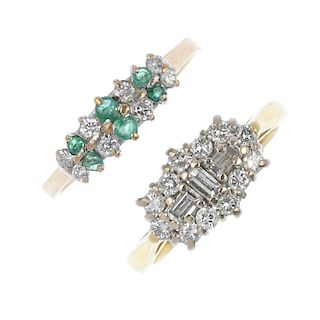 Two gold diamond and gem-set rings. To include an 18ct gold baguette and brilliant-cut diamond clust
