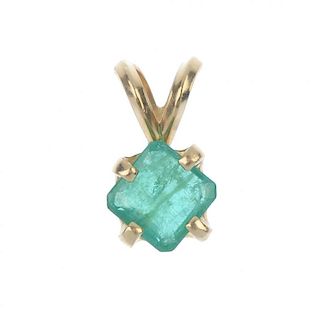 An emerald single-stone pendant. The square-shape emerald, to the bifurcated surmount. Length 1.2cms