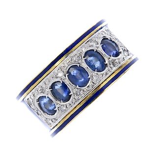 A sapphire, diamond and enamel band ring. The oval-shape sapphire line, to the brilliant-cut diamond