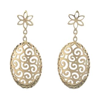 A pair of ear pendants. Each designed as an openwork oval panel, with scrolling motif, suspended fro