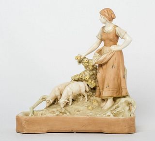 Royal Dux Style Porcelain Group, Maiden Shepherd