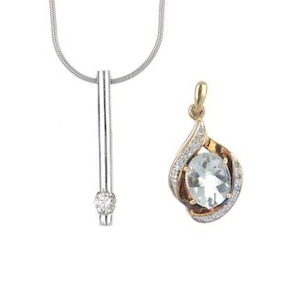 Two diamond and gem-set pendants. To include a 9ct gold polished bar pendant with a brilliant-cut di