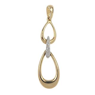 A 9ct gold diamond pendant and ear pendant set. The pendant designed as two openwork graduated drops