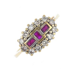 An 18ct gold ruby and diamond dress ring. The rectangular-shape ruby geometric line, within a brilli