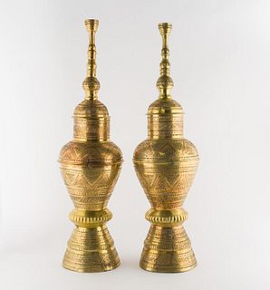 Pair Of Middle Eastern Brass Urns, Early 20th C.