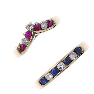 Two 9ct gold diamond and gem-set rings. To include an alternating circular-shape sapphire and brilli