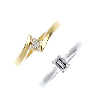 Two 18ct gold diamond single-stone rings. To include a rectangular-shape single-stone ring and a squ