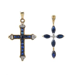 Two 9ct gold gem-set pendants and a pair of gem-set ear studs. To include a calibre-cut sapphire cro