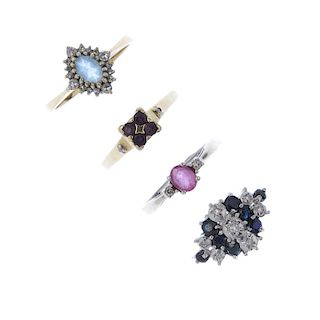 A selection of four 9ct gold diamond and gem-set rings. To include an oval-shape pink sapphire and b