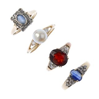 A selection of four gem-set rings. To include a 9ct gold oval-shape sapphire and single-cut diamond