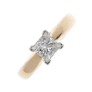 An 18ct gold diamond single-stone ring. The square-shape diamond, to the plain band. Estimated diamo