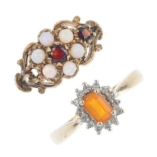 A selection of seven 9ct gold dress rings. To include a citrine single-stone ring, a sapphire and di