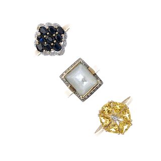 A selection of three 9ct gold diamond and gem-set rings. To include an oval-shape sapphire and singl