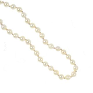 A cultured pearl single-strand necklace. Comprising seventy-nine cultured pearls, measuring 4.9 to 4