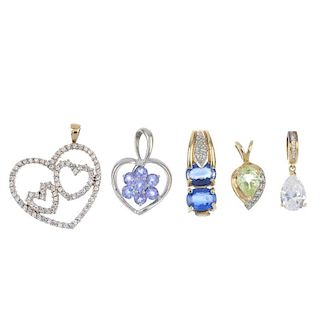 A selection of five gem-set pendants. To include a 9ct gold kyanite and diamond pendant, a 9ct gold