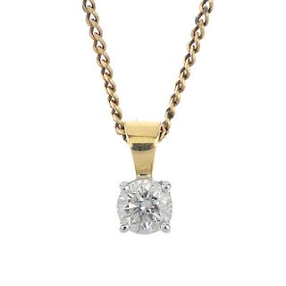 A fracture-filled diamond single-stone pendant. The brilliant-cut fracture-filled diamond, to the ta