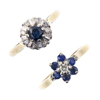 Two 18ct gold sapphire and diamond dress rings. To include a circular-shape sapphire and single-cut