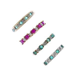 A group of four gem-set rings. To include a square-shape ruby and diamond point dress ring, a circul