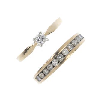 Two 9ct gold diamond rings. To include a brilliant-cut diamond single-stone ring, together with a br
