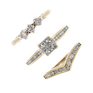 A selection of three 9ct gold diamond rings. To include a diamond three-stone ring, a diamond chevro