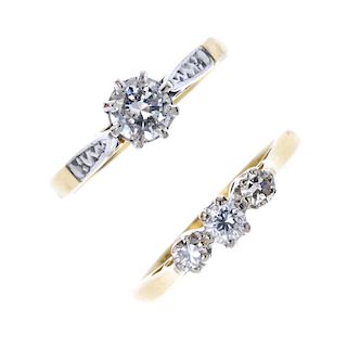 Two diamond rings. To include an 18ct gold brilliant-cut diamond three-stone ring, together with a s
