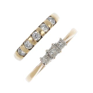 Two 9ct gold diamond dress rings. To include a graduated square-shape diamond three-stone ring, toge