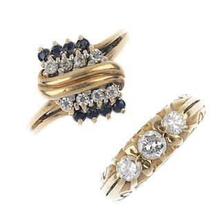 Two 9ct gold diamond rings. To include a graduated brilliant-cut diamond three-stone ring, together