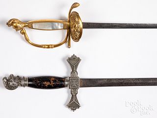 Two lodge swords, with helmet pommels