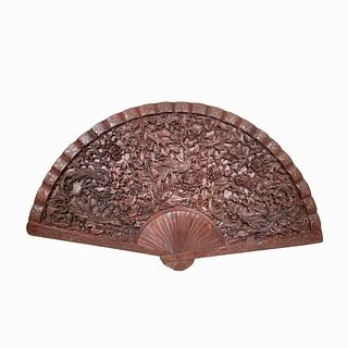 Palatial Chinese Carved Rosewood Fan Wall Plaque