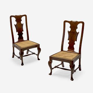 A pair of Queen Anne / George I carved walnut and burl walnut veneered side chairs circa 1715