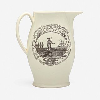 A transfer-decorated creamware jug Probably Liverpool, England, circa 1800