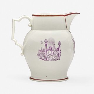 A Staffordshire enamel and transfer-decorated pearlware jug in mulberry England, dated "1804"