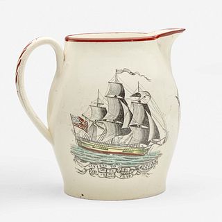 An enamel and transfer-decorated creamware jug Probably Liverpool, England, circa 1800