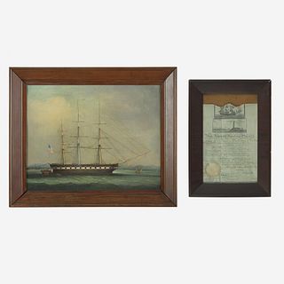 Chinese School 19th century Portrait of the Ship "Southerner", circa 1835, together with Andrew Jackson Signed Ship's Passport