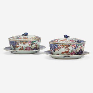 A pair of Chinese Export porcelain "Tobacco Leaf" butter tubs, covers, and stands circa 1775