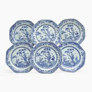 A set of six Chinese Export porcelain blue and white "figural" plates late 18th century
