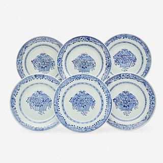 A set of six Chinese Export porcelain blue and white plates with "floral basket" motif late 18th century