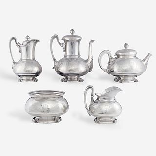 A five-piece sterling silver tea and coffee service in the "Ivy" pattern John Chandler Moore (c. 1803-1874) for Tiffany & Co., New York, NY, 1854-1870