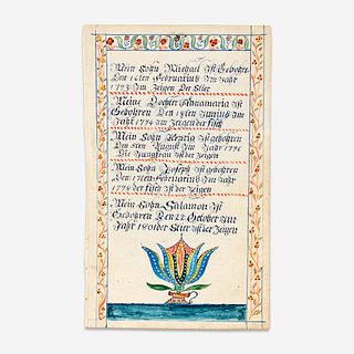 American School 19th century Fraktur: Kauffman Family Register, Lancaster and Perry Counties, PA, early 19th century