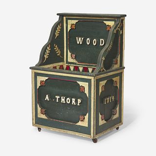 A painted Folk carpentry pine wood box "A. Thorp," dated "1914," New York State