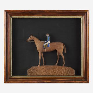John Stormonth (Scottish, 19th century) A large carved and painted diorama of a horse and jockey, dated "1872"