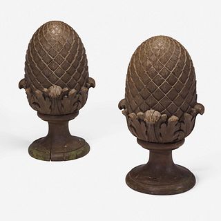 A pair of large carved wooden pineapple finials circa 1865