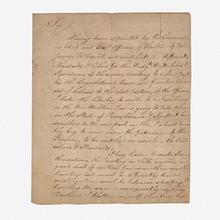 Letter to First Pennsylvania Governor Thomas Mifflin (1744-1800) regarding Militia Flag designs Francis Rabineau (active 1791-1804), Brunswick (New Je