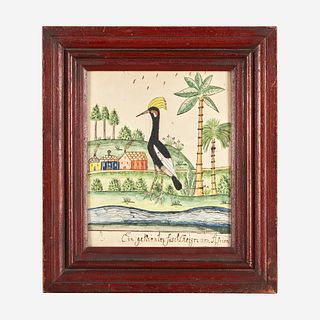 Attributed to the Exotic Scenery Artist A Schwenkfelder Fraktur: The Crane from Africa, circa 1820