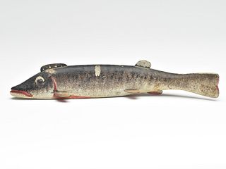 Rare and large musky fish decoy, Oscar Peterson, Cadillac, Michigan, 2nd quarter 20th century.