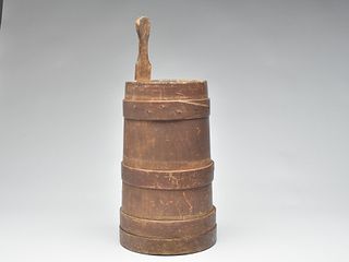 Early stave construction pine bucket with extended handle.