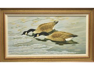 Oil on canvas of Canada geese, Daniel Loge.