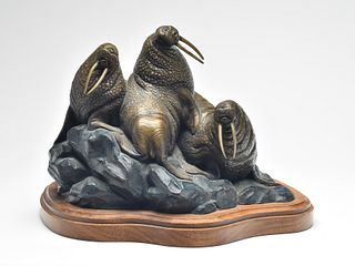 Limited edition bronze of three walrus on rocks, Gerald George Balciar (b.1942).